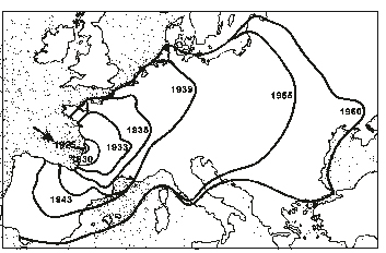 Mapa zachycující šíření mandelinky bramborové v Evropě ( Zdroj: moderni-dejiny.cz )