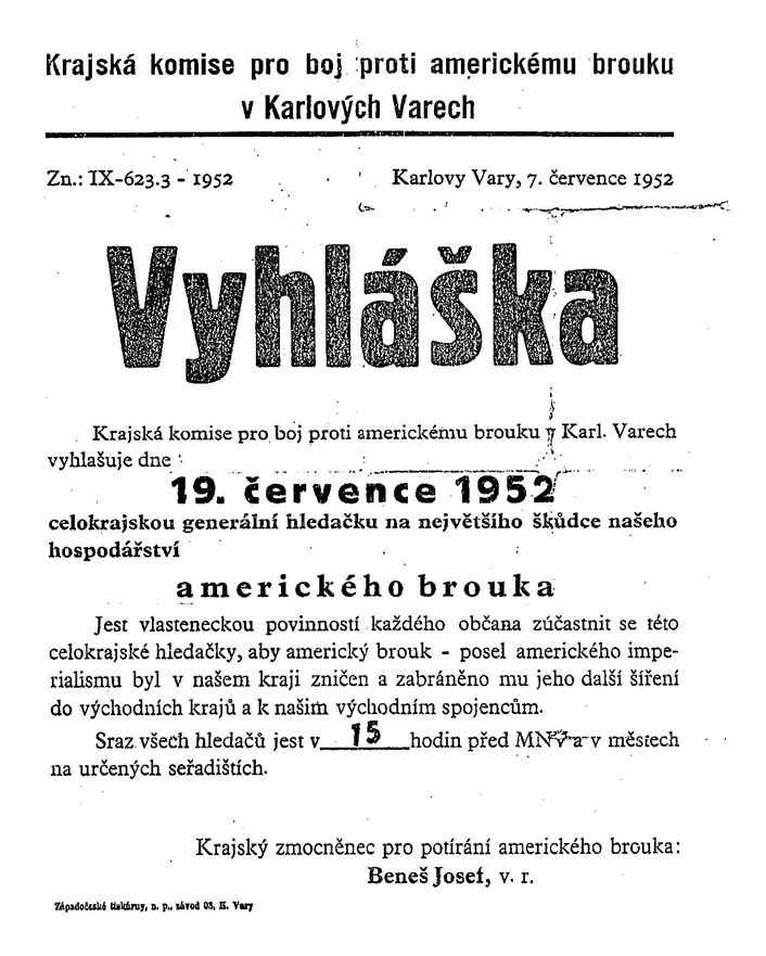 Vyhláška o boji proti "americkému brouku" z r. 1952 ( Zdroj: moderni-dejiny.cz )